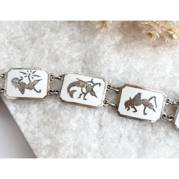 Siam Sterling Silver White Rectangular Paneled Thai 1930's 925 Vintage Bracelet - Picture 2 of 9